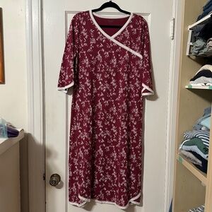 GARNET HILL Nightgown, Asian Wrap Organic-Cotton Midi Gown, Size L